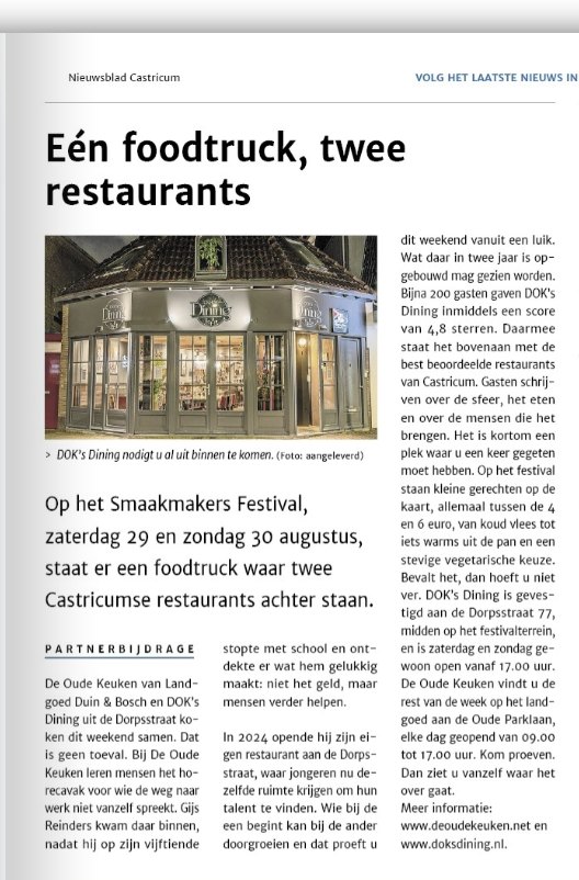 Pagina uit het Nieuwsblad Castricum met de kop Eén foodtruck, twee restaurants en een avondfoto van de gevel van DOK's Dining