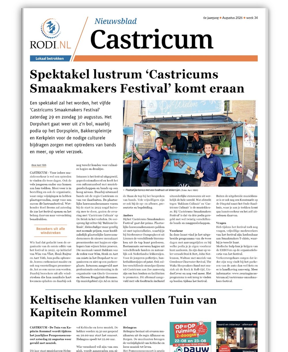 Voorpagina van het Nieuwsblad Castricum met de kop Spektakel lustrum Castricums Smaakmakers Festival komt eraan en een foto van de foodtruck DOK Op Wielen met vier medewerkers erbij